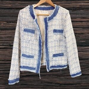 Chic Blue and White Tweed Blazer with Elegant Trim